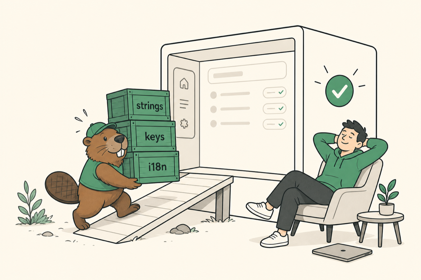 A hardworking helper carries i18n string crates to the dashboard while a developer sits relaxed