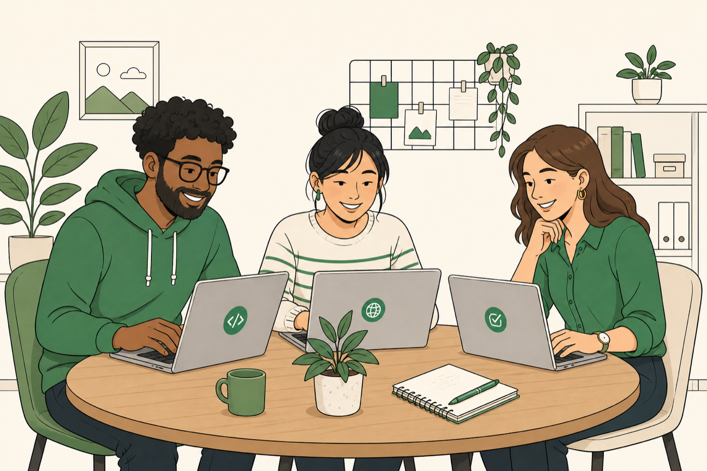 Developers, translators, and project managers happily collaborating around a round table with laptops