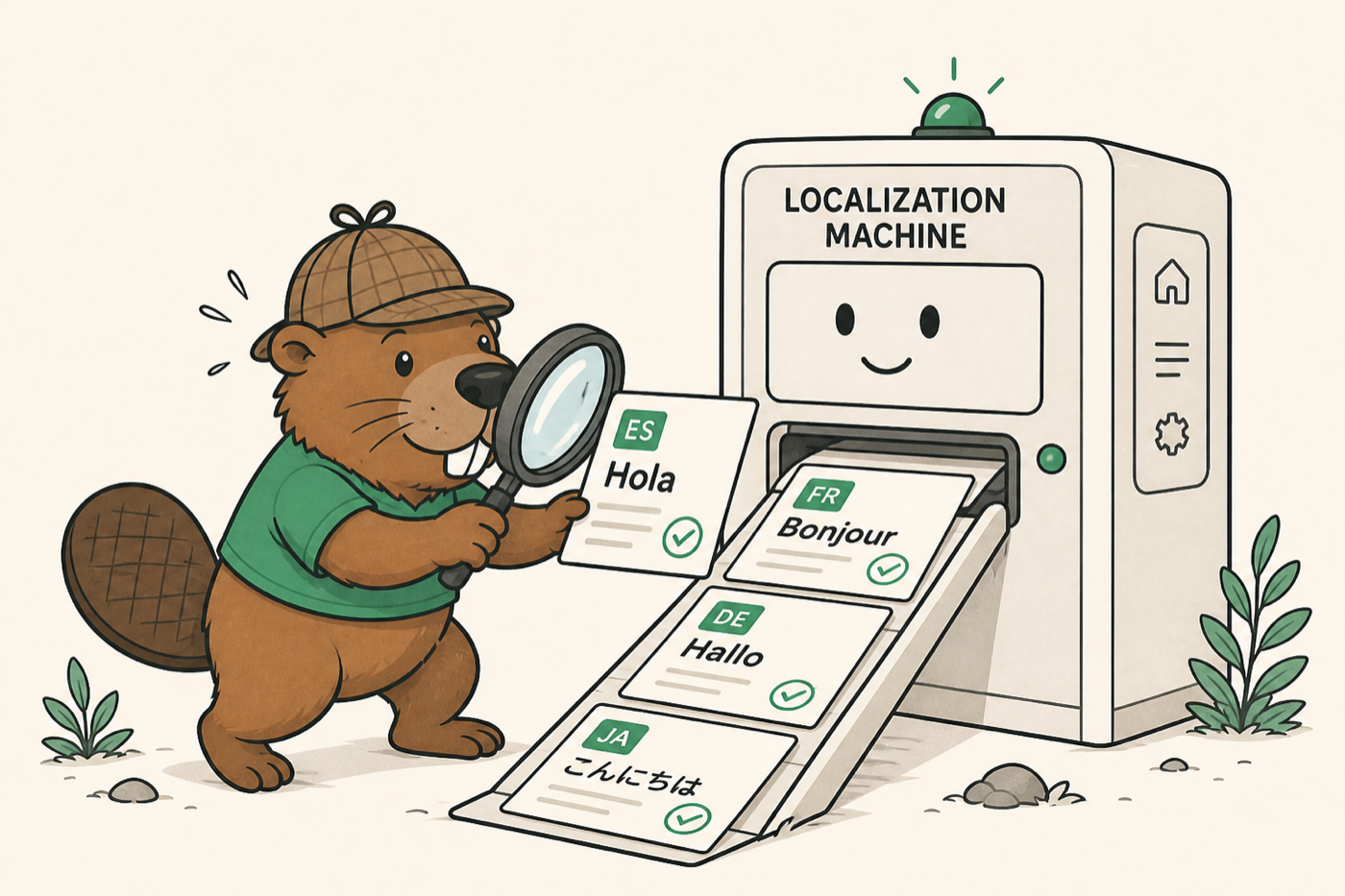 The i18.dev beaver in a Sherlock hat inspects each translation coming out of the QA machine with a magnifying glass